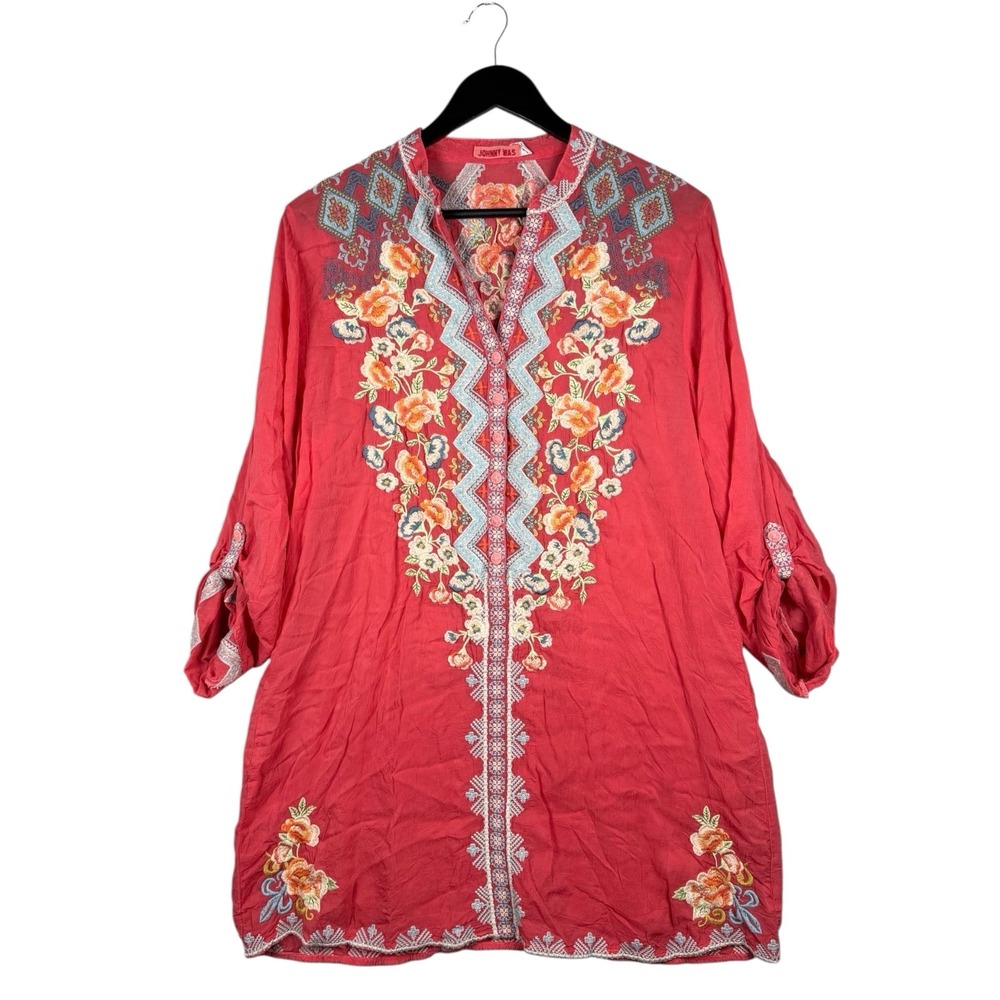 JOHNNY WAS Women's Harlow Passionfruit Coral Floral Embroidered Tunic Top Size M